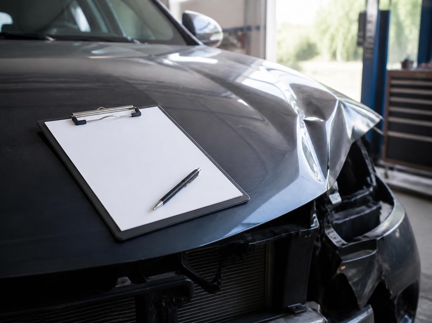 Insurance claim paperwork and vehicle damage photos reviewed at an auto body shop estimating desk