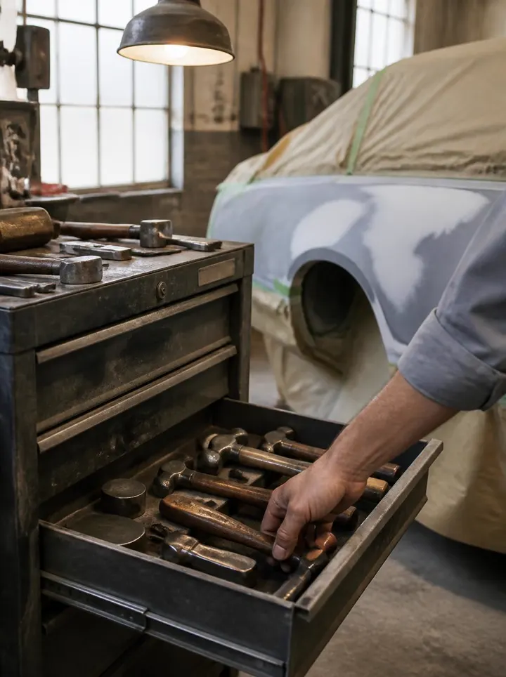 Auto body craftsman's workbench with hand tools and a repair order, forearm reaching for a body hammer