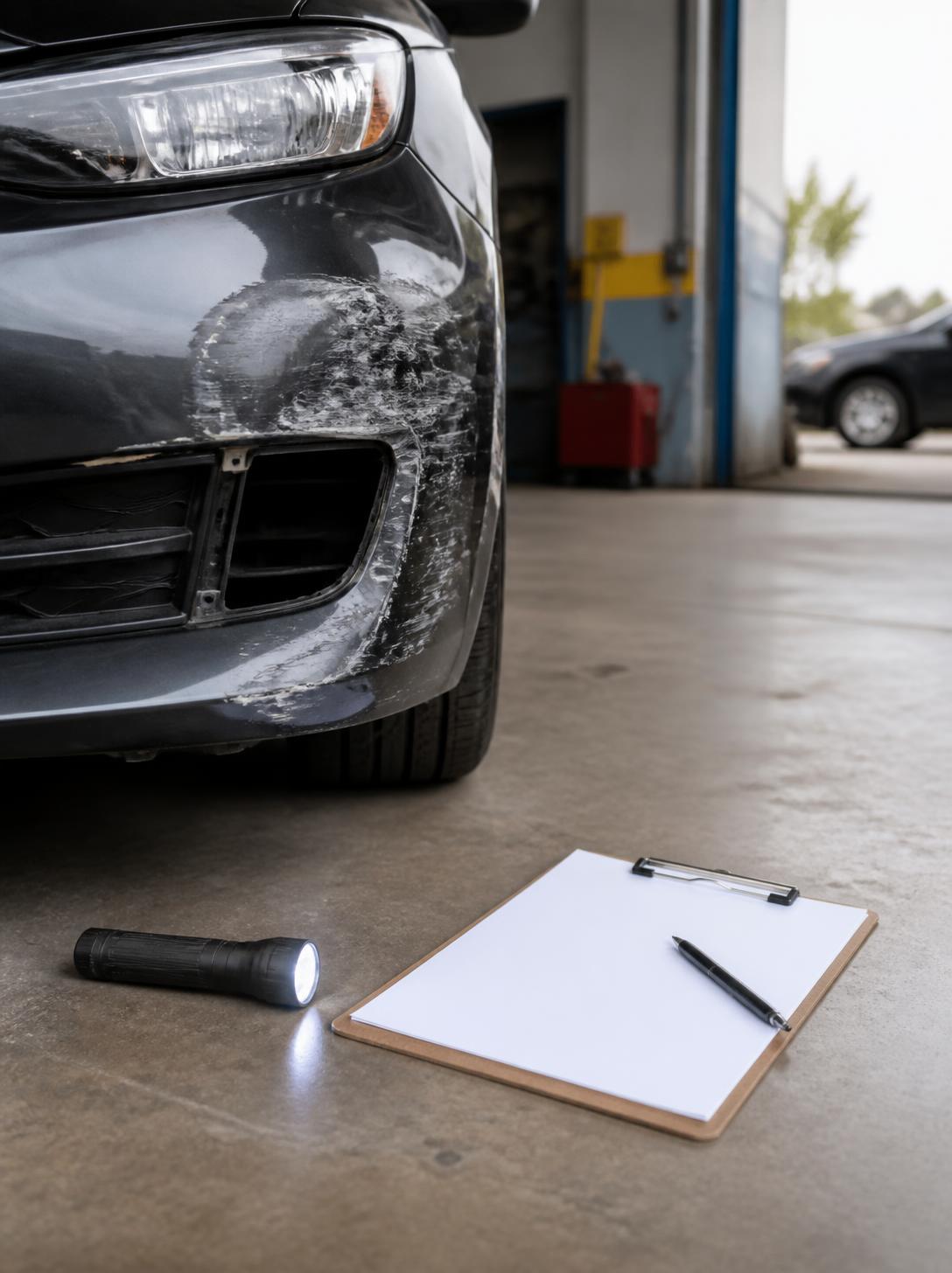 Damaged front bumper inspected with a flashlight and estimate clipboard for a free estimate