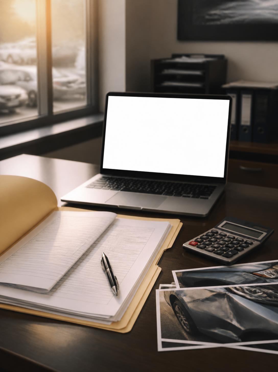 Insurance claim file, calculator and vehicle damage photos on a body shop office desk