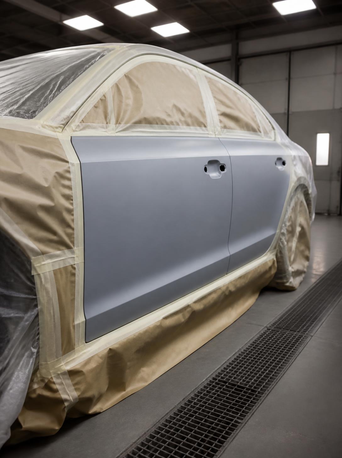 Car masked with paper and tape with a primed grey door panel mid-repair in a paint bay