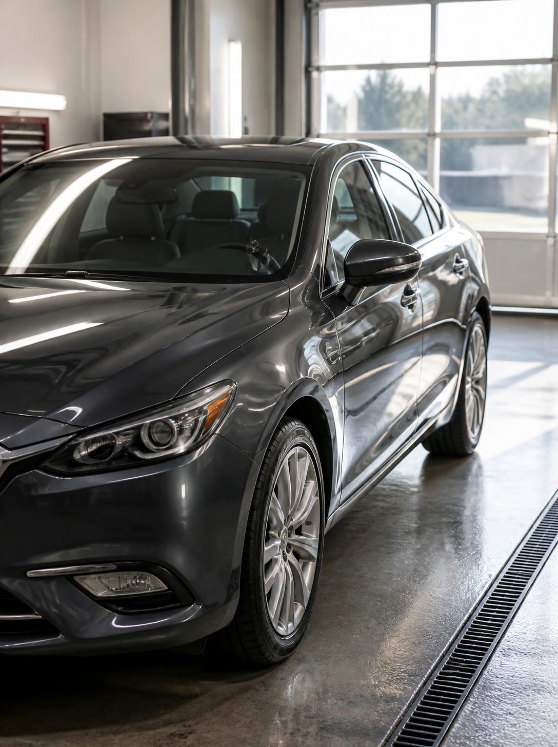Freshly detailed glossy repaired sedan in a clean shop bay ready for customer pickup