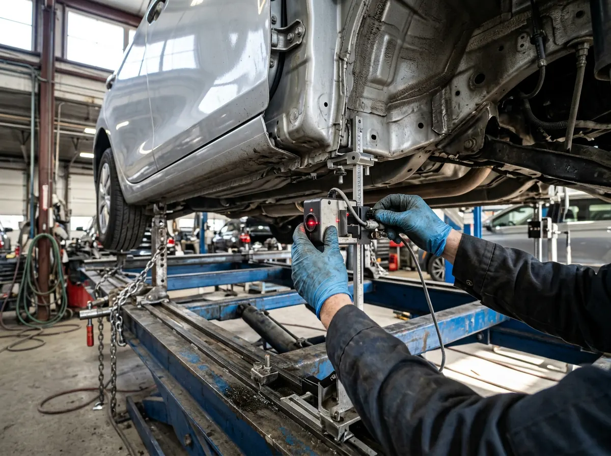 Laser measuring sensor mounted under a car on a frame straightening rack during structural repair